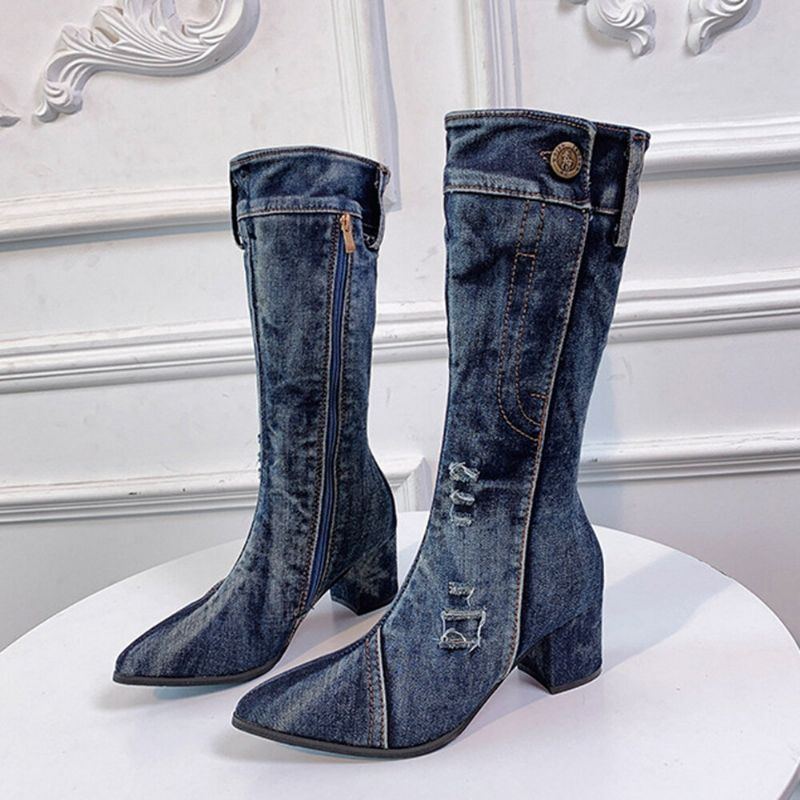 Damen Lässiger Seitlicher Reißverschluss Spitzschuh Chunky Heel Mid Calf Denim Stoffstiefel