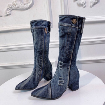 Damen Lässiger Seitlicher Reißverschluss Spitzschuh Chunky Heel Mid Calf Denim Stoffstiefel