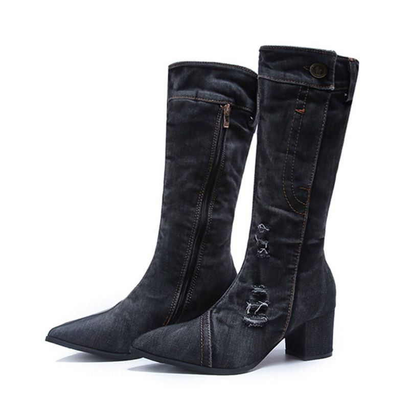 Damen Lässiger Seitlicher Reißverschluss Spitzschuh Chunky Heel Mid Calf Denim Stoffstiefel