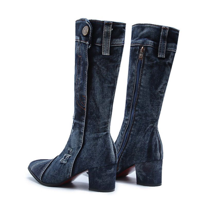 Damen Lässiger Seitlicher Reißverschluss Spitzschuh Chunky Heel Mid Calf Denim Stoffstiefel