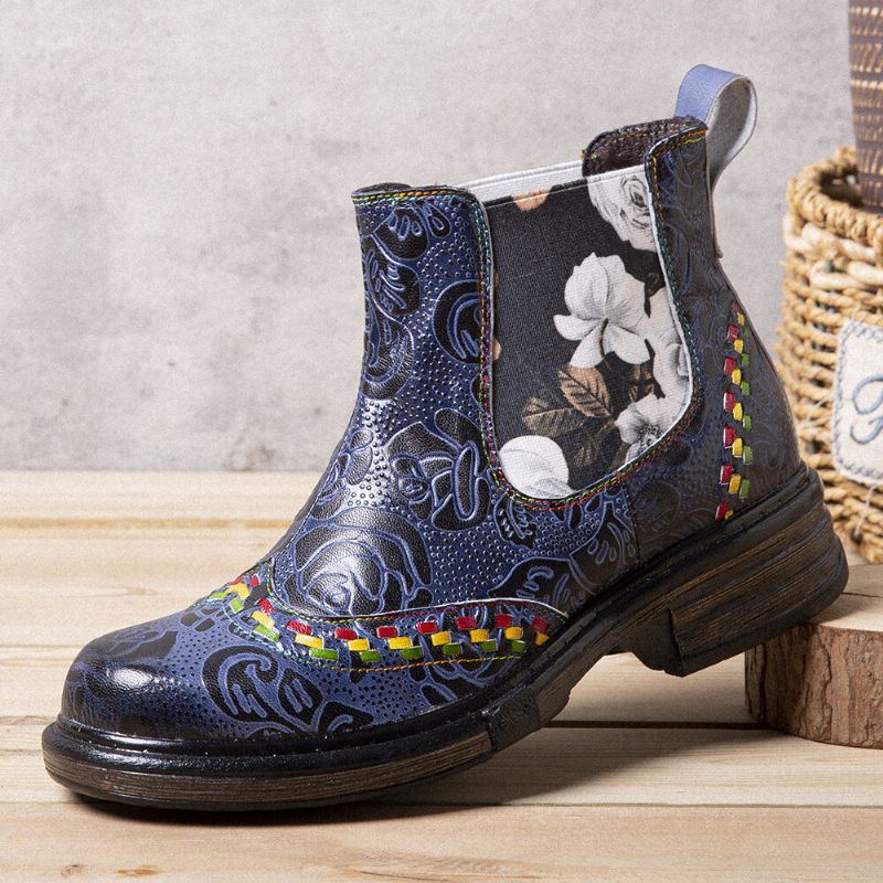 Damen Lederstiefeletten Mit Patchwork Nähten Und Retro Blumenprägung