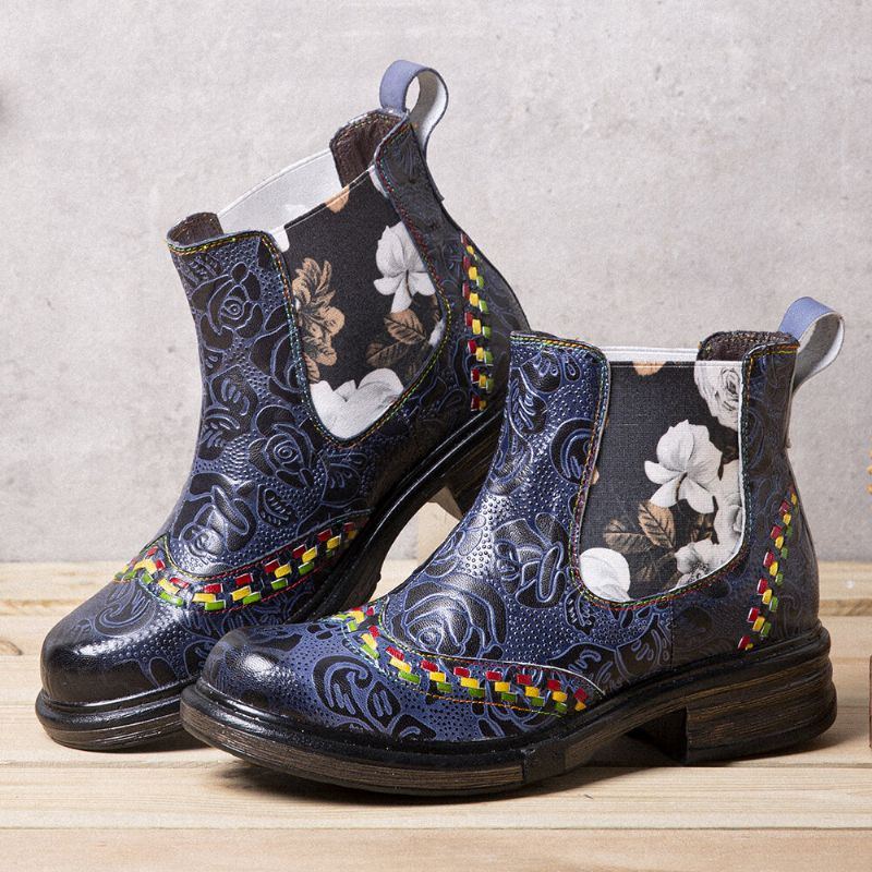 Damen Lederstiefeletten Mit Patchwork Nähten Und Retro Blumenprägung