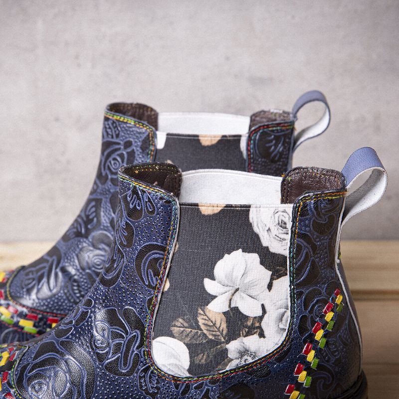 Damen Lederstiefeletten Mit Patchwork Nähten Und Retro Blumenprägung