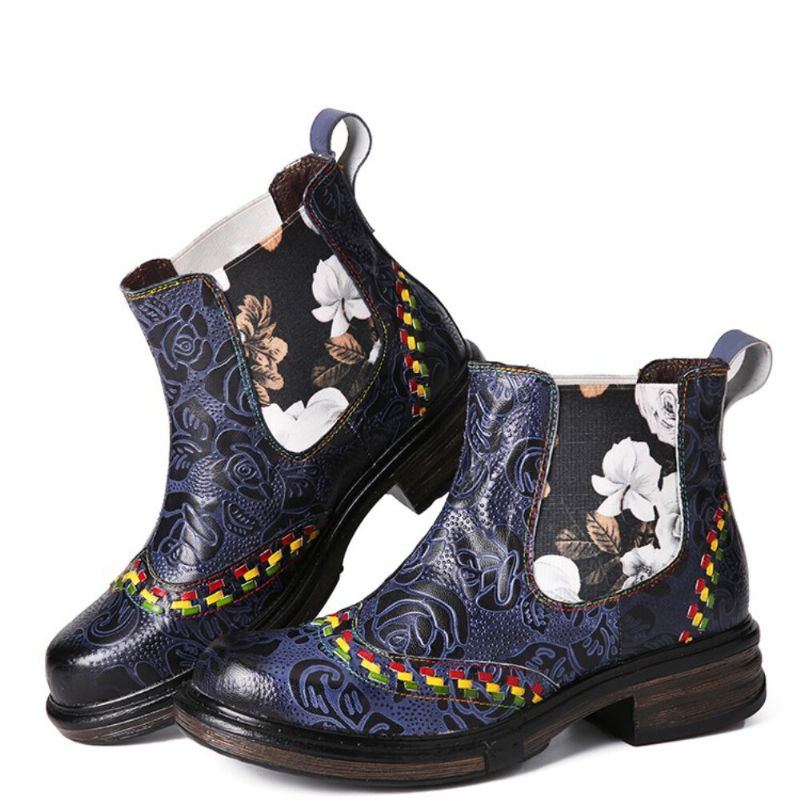 Damen Lederstiefeletten Mit Patchwork Nähten Und Retro Blumenprägung