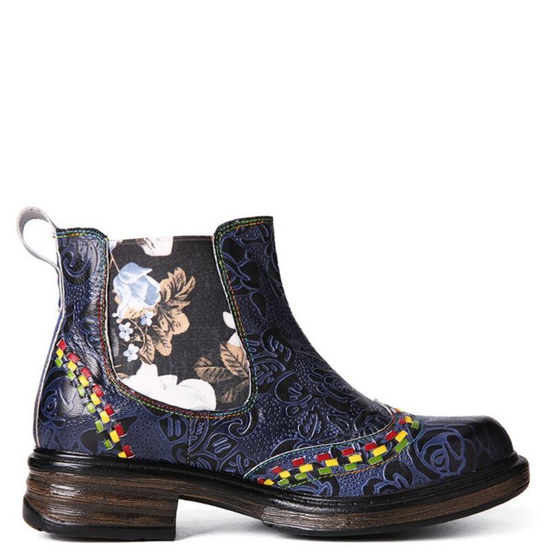 Damen Lederstiefeletten Mit Patchwork Nähten Und Retro Blumenprägung