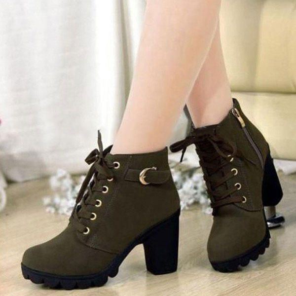 Damen Mädchen High Top Heel Ankle Boots Winter Pumps Lace Up Buckle Suede Schuhe