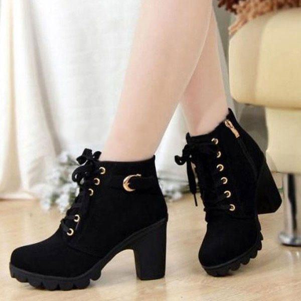 Damen Mädchen High Top Heel Ankle Boots Winter Pumps Lace Up Buckle Suede Schuhe