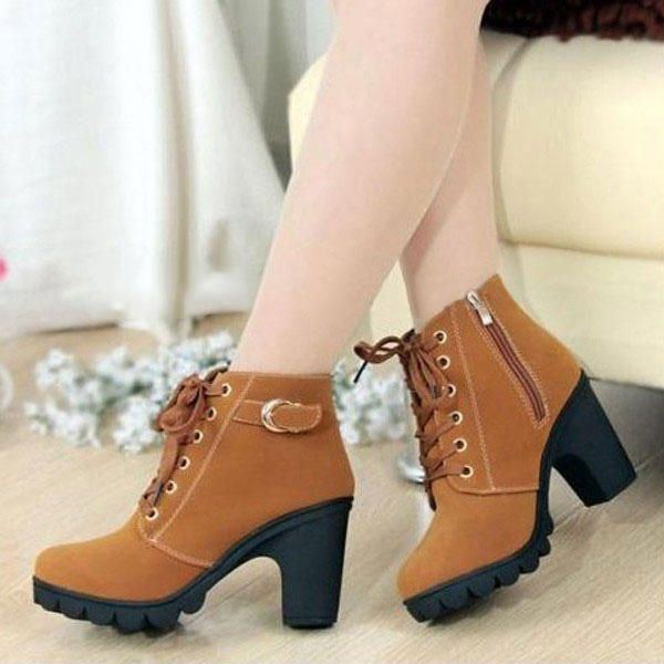 Damen Mädchen High Top Heel Ankle Boots Winter Pumps Lace Up Buckle Suede Schuhe