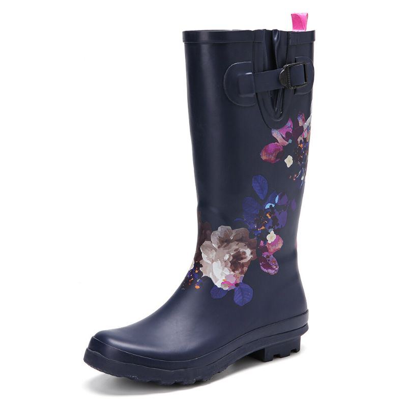 Damen Regenstiefel Aus Weichem Naturkautschuk Mit Blumenmuster Rutschfest Wasserdicht Mit Niedrigem Absatz Kniehohe Regenstiefel