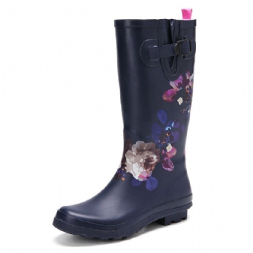 Damen Regenstiefel Aus Weichem Naturkautschuk Mit Blumenmuster Rutschfest Wasserdicht Mit Niedrigem Absatz Kniehohe Regenstiefel