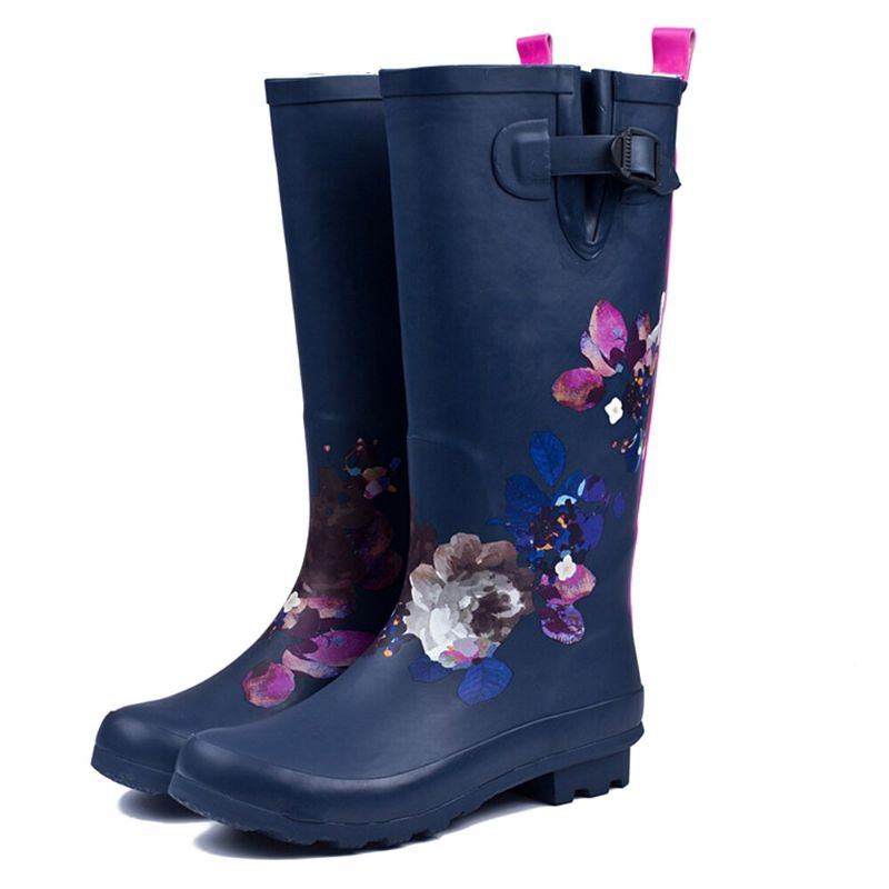 Damen Regenstiefel Aus Weichem Naturkautschuk Mit Blumenmuster Rutschfest Wasserdicht Mit Niedrigem Absatz Kniehohe Regenstiefel