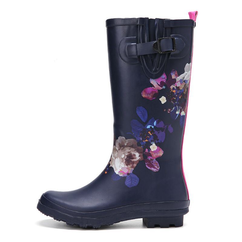 Damen Regenstiefel Aus Weichem Naturkautschuk Mit Blumenmuster Rutschfest Wasserdicht Mit Niedrigem Absatz Kniehohe Regenstiefel