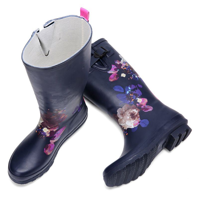 Damen Regenstiefel Aus Weichem Naturkautschuk Mit Blumenmuster Rutschfest Wasserdicht Mit Niedrigem Absatz Kniehohe Regenstiefel