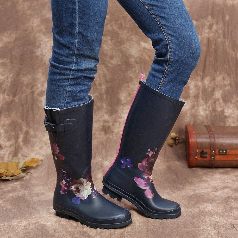 Damen Regenstiefel Aus Weichem Naturkautschuk Mit Blumenmuster Rutschfest Wasserdicht Mit Niedrigem Absatz Kniehohe Regenstiefel