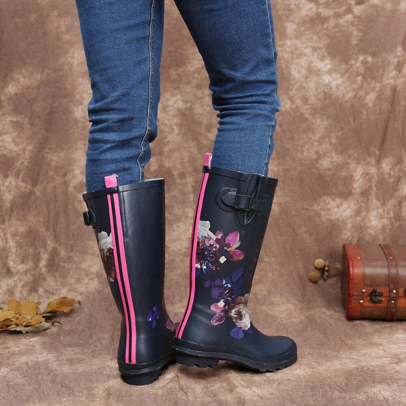 Damen Regenstiefel Aus Weichem Naturkautschuk Mit Blumenmuster Rutschfest Wasserdicht Mit Niedrigem Absatz Kniehohe Regenstiefel