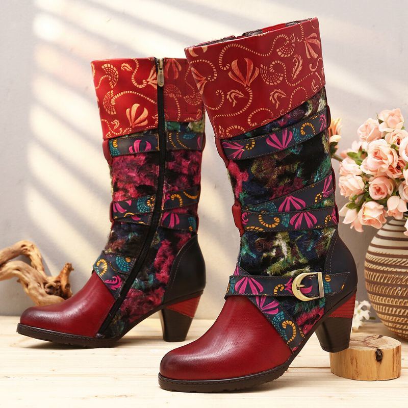 Damen Retro Aquarell Geprägte Verzierte Schnallenriemen Elegante Weiche Mittelhohe Stiefel Mit Hohem Absatz