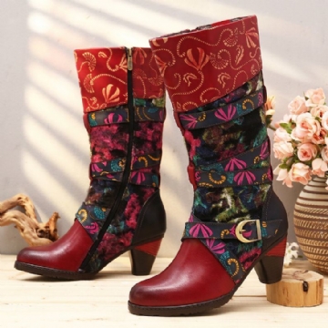 Damen Retro Aquarell Geprägte Verzierte Schnallenriemen Elegante Weiche Mittelhohe Stiefel Mit Hohem Absatz