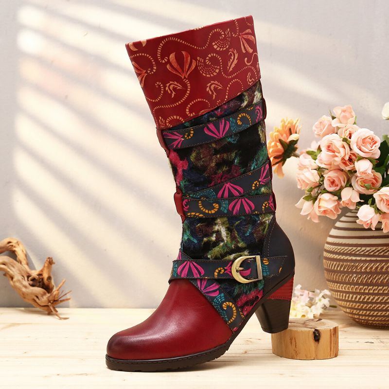 Damen Retro Aquarell Geprägte Verzierte Schnallenriemen Elegante Weiche Mittelhohe Stiefel Mit Hohem Absatz