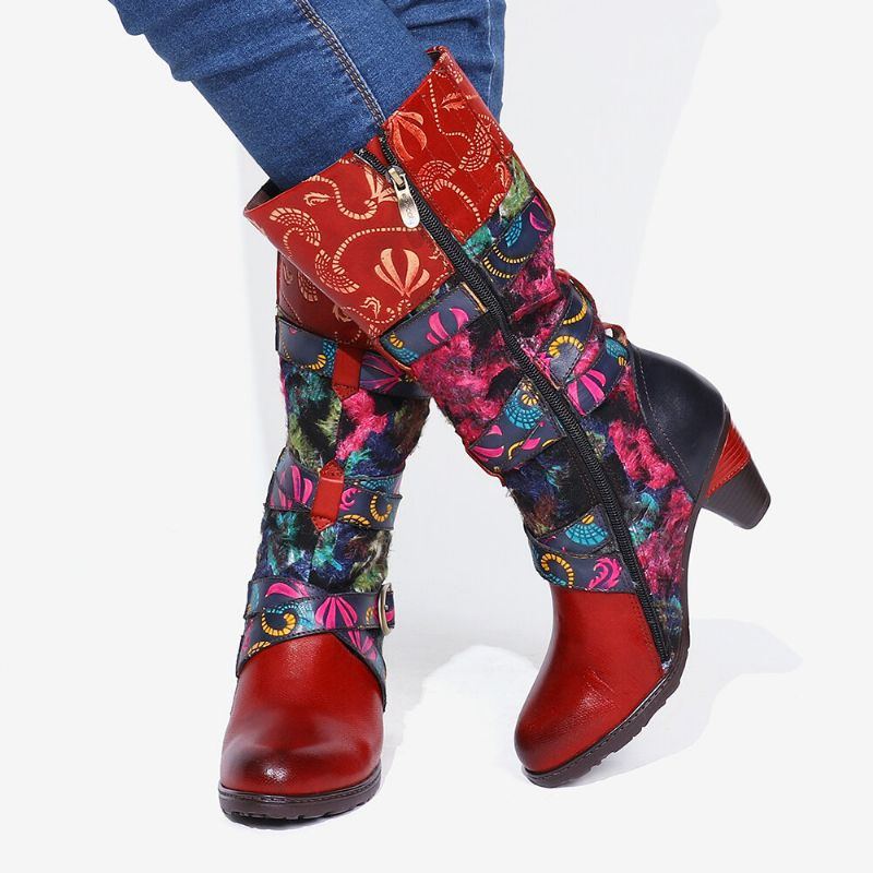 Damen Retro Aquarell Geprägte Verzierte Schnallenriemen Elegante Weiche Mittelhohe Stiefel Mit Hohem Absatz