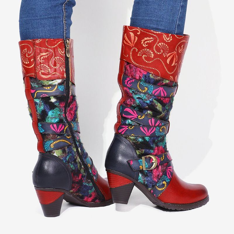 Damen Retro Aquarell Geprägte Verzierte Schnallenriemen Elegante Weiche Mittelhohe Stiefel Mit Hohem Absatz