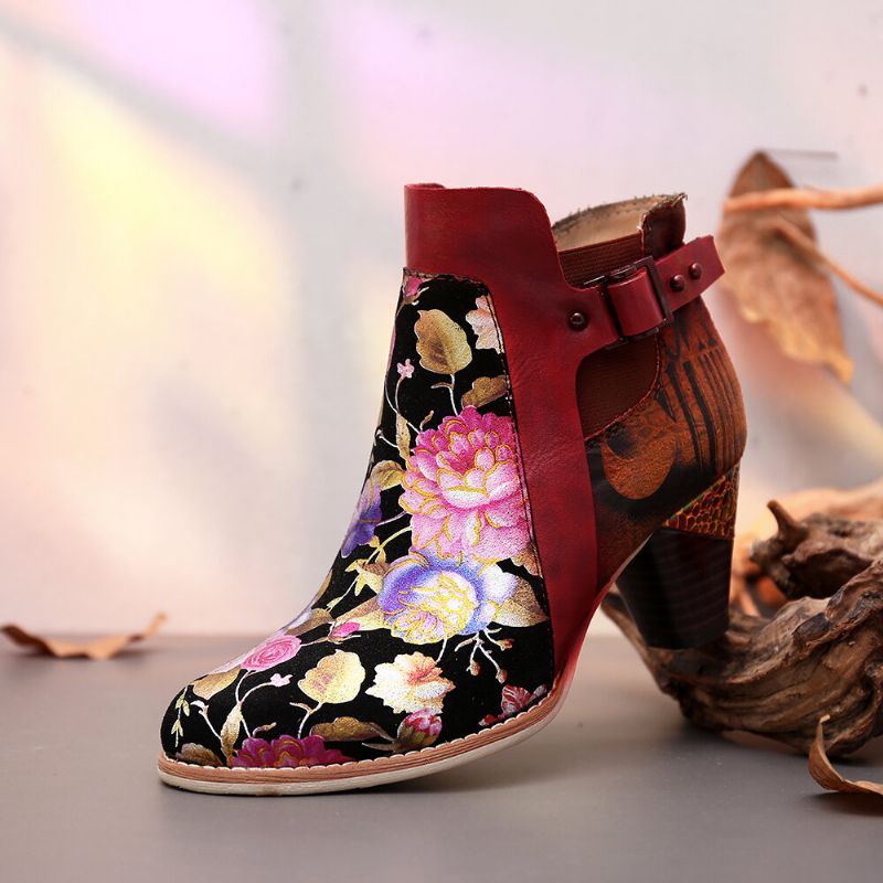 Damen Retro Blume Mit Blumen Kombiniert Mit Eleganten Einzigartigen High Heel Stiefeln Im Modernen Stil