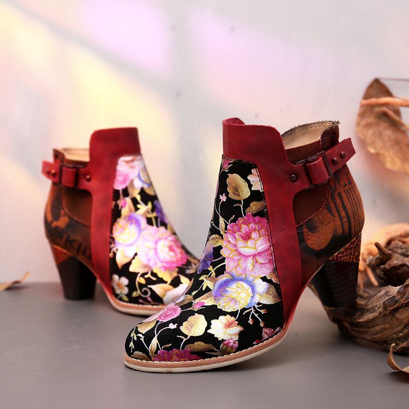 Damen Retro Blume Mit Blumen Kombiniert Mit Eleganten Einzigartigen High Heel Stiefeln Im Modernen Stil