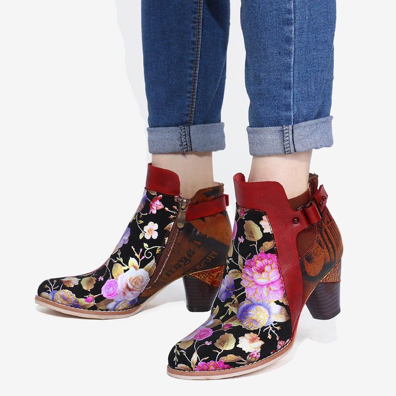 Damen Retro Blume Mit Blumen Kombiniert Mit Eleganten Einzigartigen High Heel Stiefeln Im Modernen Stil