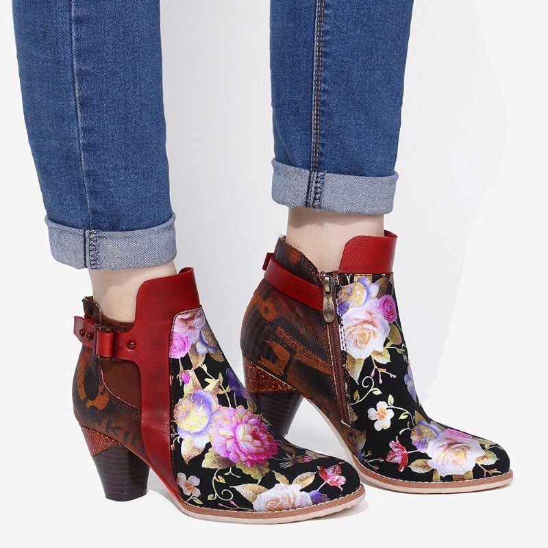 Damen Retro Blume Mit Blumen Kombiniert Mit Eleganten Einzigartigen High Heel Stiefeln Im Modernen Stil