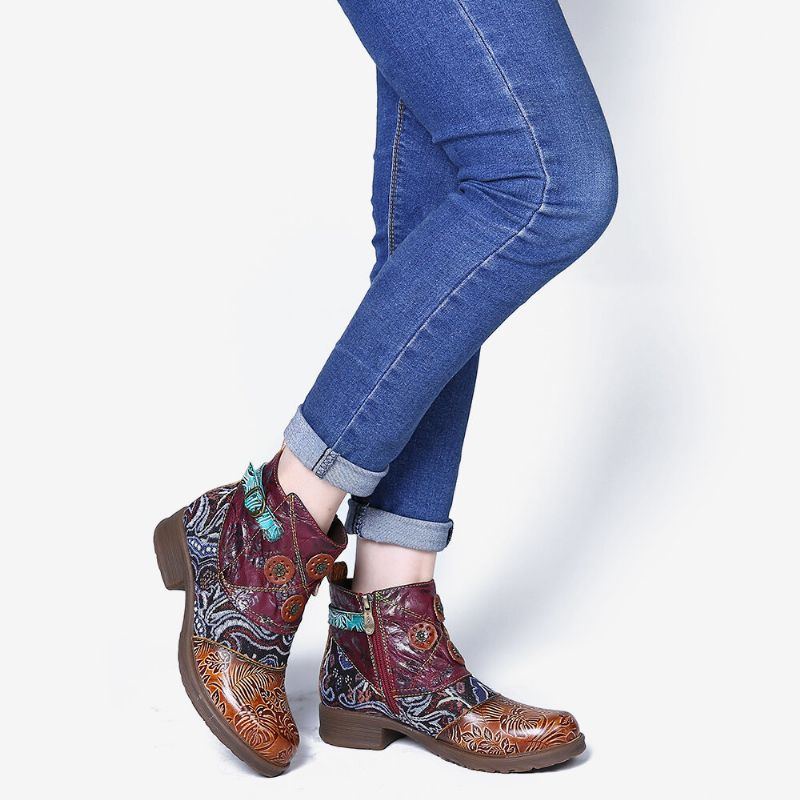 Damen Retro Blumenmuster Spleißen Verstellbare Lässige Runde Zehe Reißverschluss Stiefeletten