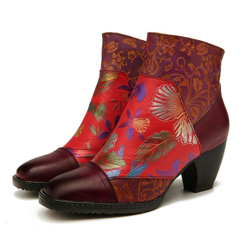 Damen Retro Bunt Bedrucktes Blumenmuster Mit Geprägten Nähten Und Bequemen Reißverschluss High Heel Stiefeln