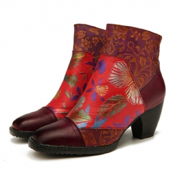 Damen Retro Bunt Bedrucktes Blumenmuster Mit Geprägten Nähten Und Bequemen Reißverschluss High Heel Stiefeln