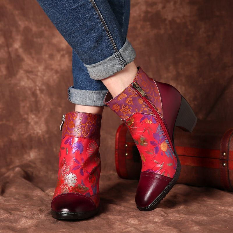 Damen Retro Bunt Bedrucktes Blumenmuster Mit Geprägten Nähten Und Bequemen Reißverschluss High Heel Stiefeln