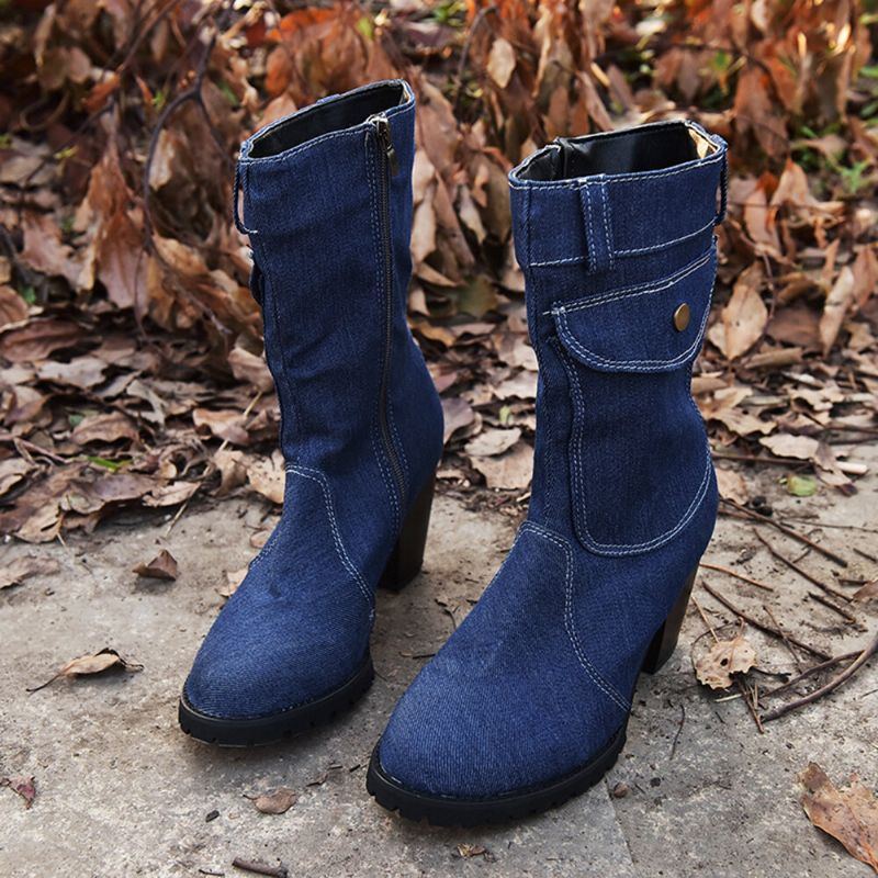 Damen Retro Denim Stoff Mit Seitlichem Reißverschluss Taschendekor Klobiger Absatz Mittelhohe Stiefel