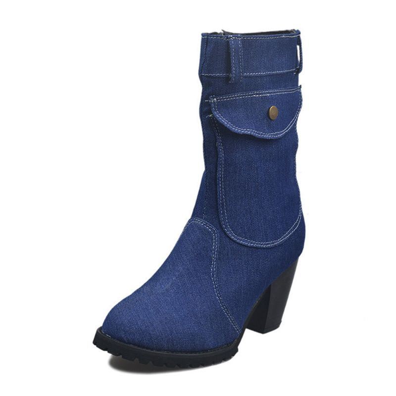 Damen Retro Denim Stoff Mit Seitlichem Reißverschluss Taschendekor Klobiger Absatz Mittelhohe Stiefel