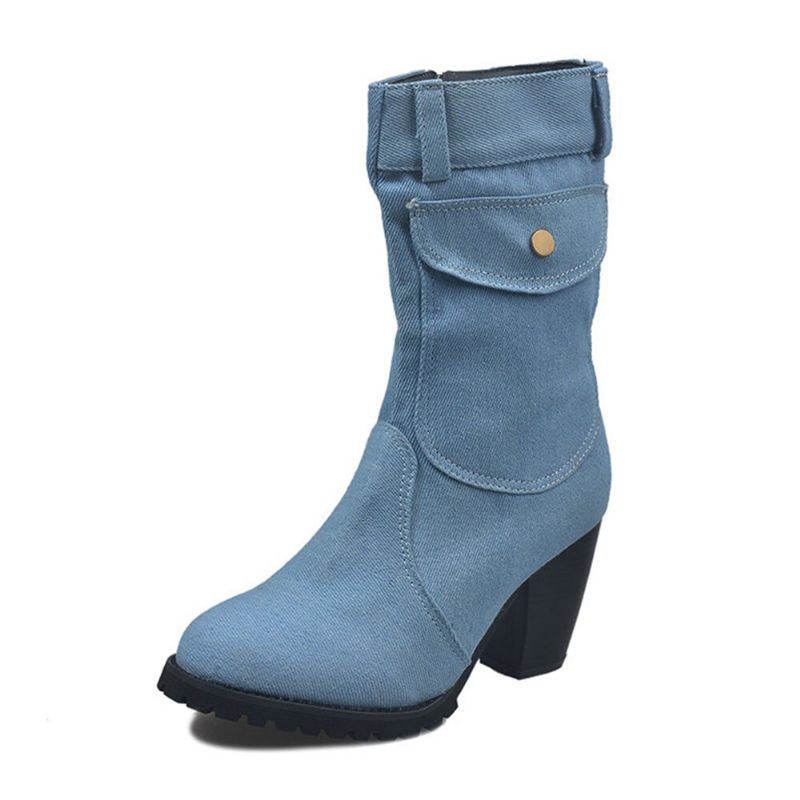 Damen Retro Denim Stoff Mit Seitlichem Reißverschluss Taschendekor Klobiger Absatz Mittelhohe Stiefel