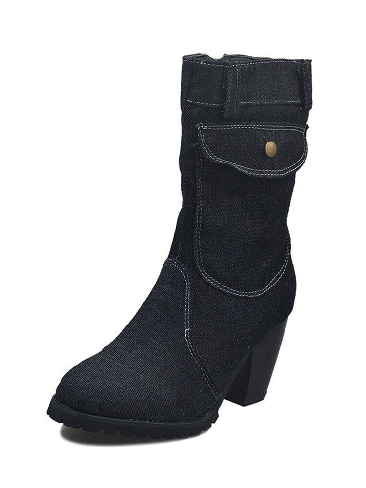 Damen Retro Denim Stoff Mit Seitlichem Reißverschluss Taschendekor Klobiger Absatz Mittelhohe Stiefel