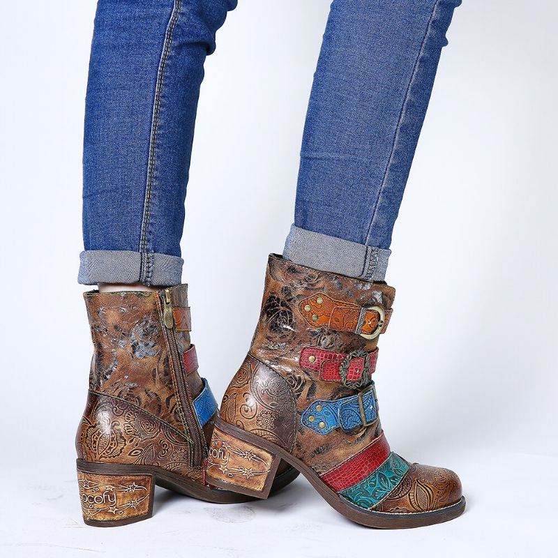 Damen Retro Druck Rosen Metallschnalle Echtes Leder Spleißen Niedriger Absatz Kurze Stiefel