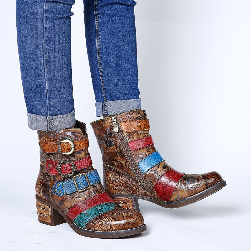 Damen Retro Druck Rosen Metallschnalle Echtes Leder Spleißen Niedriger Absatz Kurze Stiefel