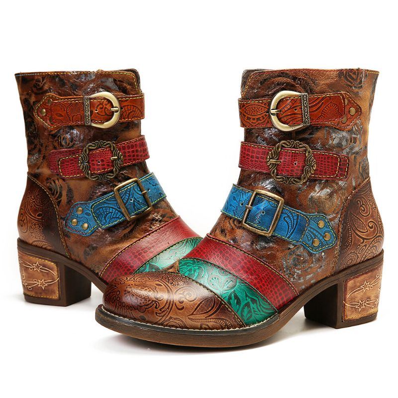 Damen Retro Druck Rosen Metallschnalle Echtes Leder Spleißen Niedriger Absatz Kurze Stiefel