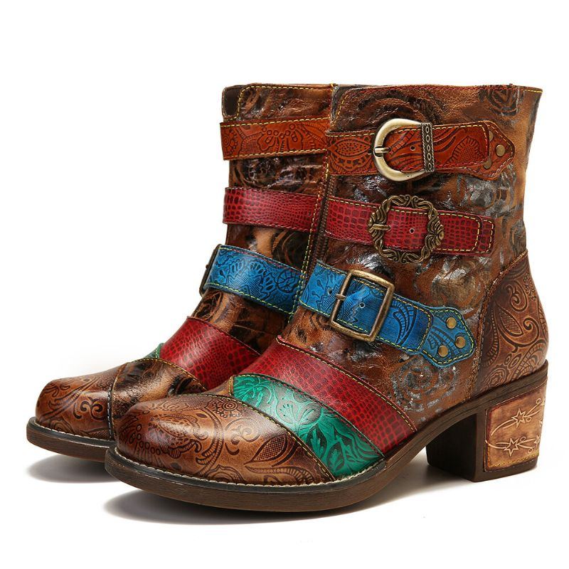 Damen Retro Druck Rosen Metallschnalle Echtes Leder Spleißen Niedriger Absatz Kurze Stiefel