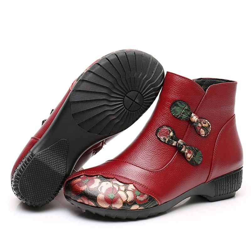 Damen Retro Ethno Nähte Bedrucktes Rindsleder Warme Bequeme Tragbare Kurze Stiefel Mit Seitlichem Reißverschluss