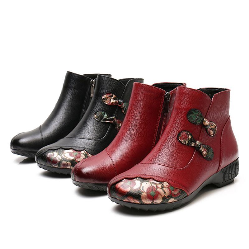 Damen Retro Ethno Nähte Bedrucktes Rindsleder Warme Bequeme Tragbare Kurze Stiefel Mit Seitlichem Reißverschluss