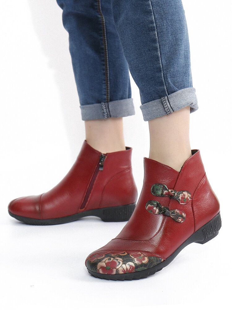 Damen Retro Ethno Nähte Bedrucktes Rindsleder Warme Bequeme Tragbare Kurze Stiefel Mit Seitlichem Reißverschluss