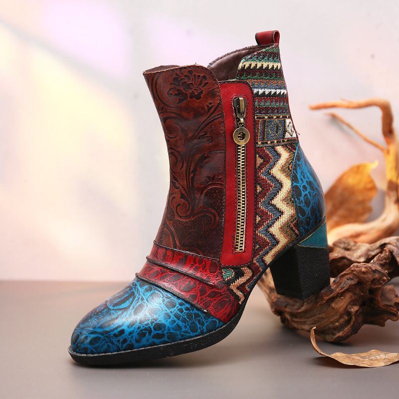 Damen Retro Leder Mit Blumenspleißung Im Folkways Stil Doppelseitiger Reißverschluss Freizeitstiefel