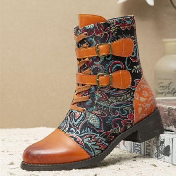 Damen Retro Nähte Wunderschöne Blumen Stoff Metallschnalle Warme Kurze Stiefel Zum Schnüren