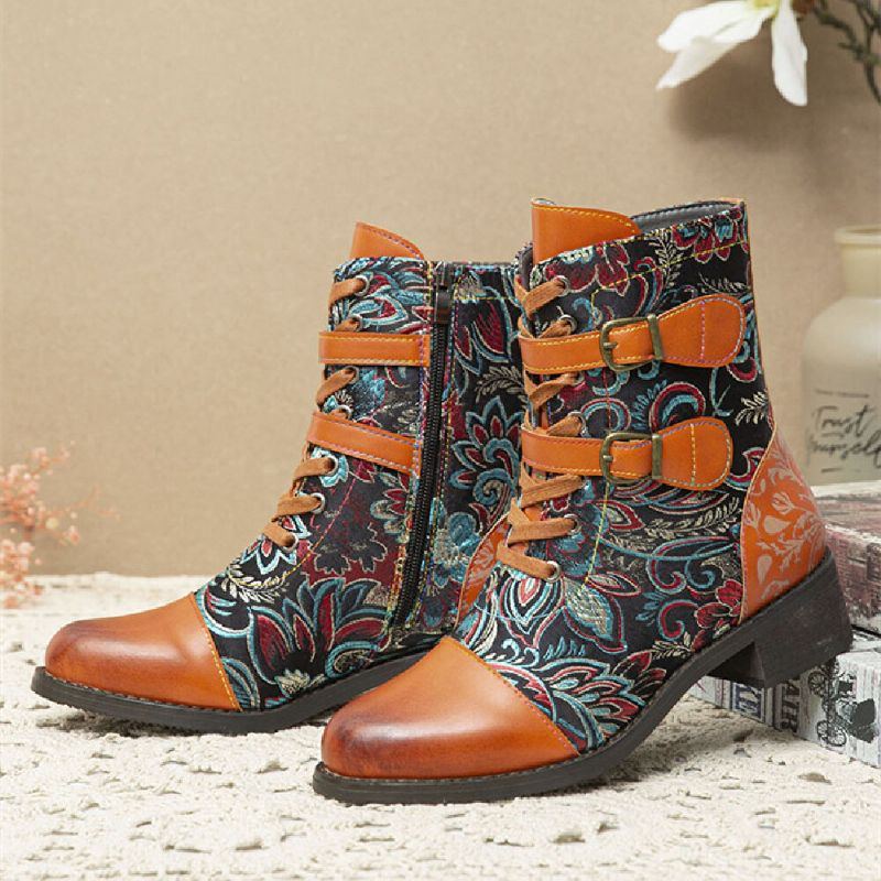 Damen Retro Nähte Wunderschöne Blumen Stoff Metallschnalle Warme Kurze Stiefel Zum Schnüren