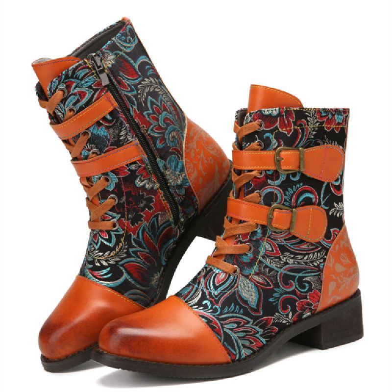 Damen Retro Nähte Wunderschöne Blumen Stoff Metallschnalle Warme Kurze Stiefel Zum Schnüren