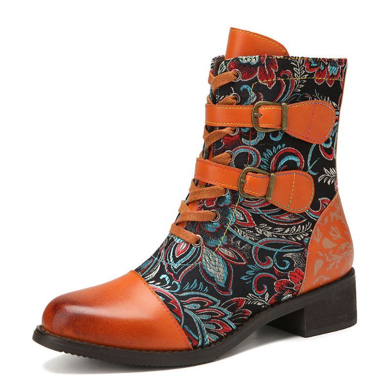 Damen Retro Nähte Wunderschöne Blumen Stoff Metallschnalle Warme Kurze Stiefel Zum Schnüren