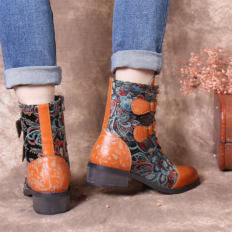 Damen Retro Nähte Wunderschöne Blumen Stoff Metallschnalle Warme Kurze Stiefel Zum Schnüren