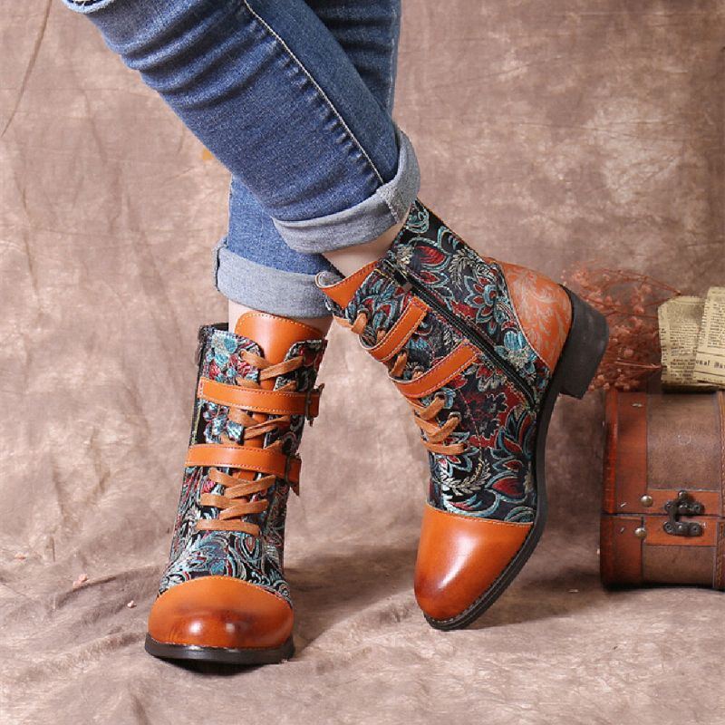 Damen Retro Nähte Wunderschöne Blumen Stoff Metallschnalle Warme Kurze Stiefel Zum Schnüren